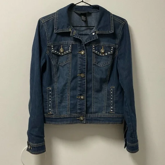 Blingy Baccini Rhinestone Slight Stretch Button Down Blue Jean Jacket! - Picture 7 of 10